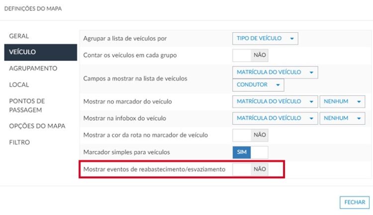 Mostrar evenetos de reabastecimento/vazamento